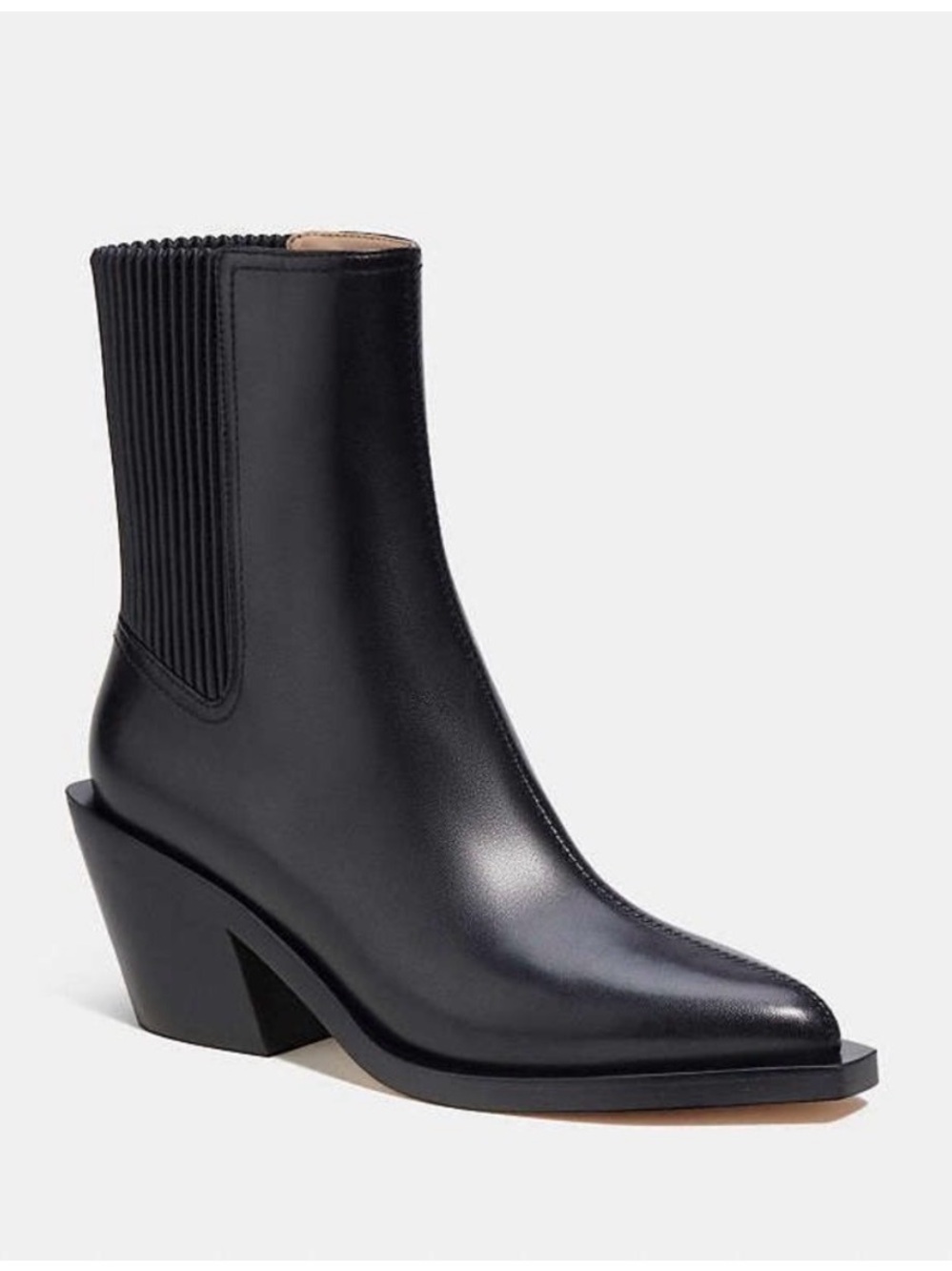 Coach Black Leather Prestyn Pointed Ankle Boot with Sculpted Heel